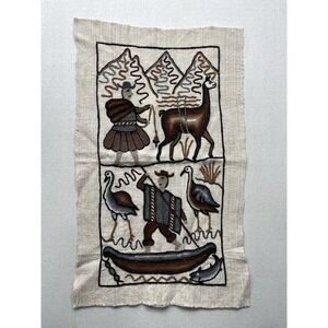 Vintage Andean wool appliqué textile wall Hanging llama, fisherman, and Mountain